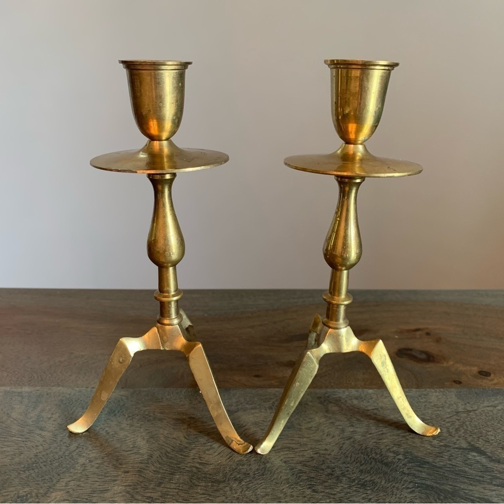 Pair Candlestick Holder Brass Tripod Vintage Made in India Classic Shape